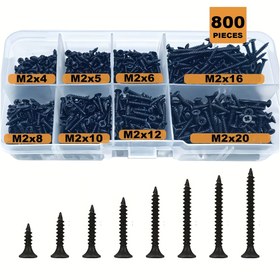 Resim 800 adet M2 Siyah Düz Başlı Çapraz Karbon Çelik Kendinden Tapa Vida, Ev Yenilemesi, DIY Projeleri, Elektronik Ürünler için Uygun 