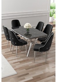 Resim Canisa Asel Serisi 90x160 Lak Panel Siyah Mermer Desen Krom Detay Masa Takımı Ve 6 Siyah Sandalye Siyah Mermer Masa Sandalye Siyah Krom Detay 