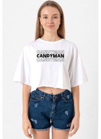Resim Candy Man Halloween Beyaz Kadın Crop Tshirt Beyaz 