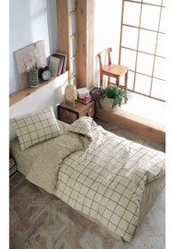 Resim Cozy Home Tek Kişilik Lastikli Çarşaflı Nevresim Takımı Kare Krem 