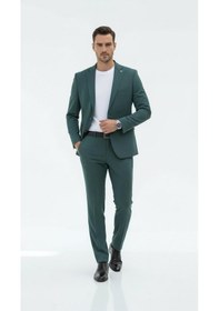 Resim Erkek Slim Fit Mikro Dokulu Takım Elbise Çift Düğmeli Modern Kesim Petrol 