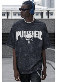 Resim The Punisher Dizi Baskılı Unisex Oversize Vintage Yıkamalı Tişört Siyah 