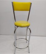 Resim Sandalye BAR Tipi Yüksek Model 4adet SARI Suni deri döşem Metal Transmisyon Çelik nikelaj El Yapım Abanoz 