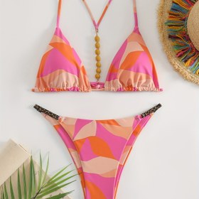 Resim Rastgele Baskılı Boncuklu Dekor V Dize 2 Parça Bikini Takımı, Esnek Üçgen V Yaka Seksi Mayo, Kadınların Mayo ve Giyimleri 