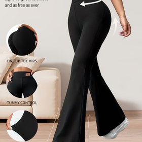 Resim 1 Kadınlar için Düz Renkli Polyester Flare Pantolon, Bahar/Yaz için Yüksek Bel Karın Kontrollü ve Kalça Kaldırma Özellikli Rahat Tarz Uzun Dar Kesim Ev Pantolonu 