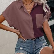 Resim Kadınlar İçin Şık Kontrast Renkli Gömlek - Hafif %100 Polyester Kısa Kollu Üst Göğüs Cebi ile, Bahar Yaz Sonbahar Günlük ve Yarı Resmi Giyim için Makinede Yıkanabilir, Günlük Yazlık Giysi | Şık Düğmeli Gömlekler | Dayanıklı Polyester 