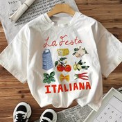 Resim Su Temizleme Stili İçgüdü Mektubu La Festa ITALIANA Baskılı Kısa Kollu Yuvarlak Yaka T-Shirt 