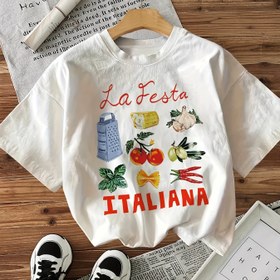 Resim Su Temizleme Stili İçgüdü Mektubu La Festa ITALIANA Baskılı Kısa Kollu Yuvarlak Yaka T-Shirt 