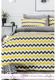 Resim Tek Kişilik Lüks Pamuklu Nevresim Seti Sarı Zikzak Desen Çok Renkli 