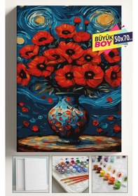 Resim Sayılarla Boyama Seti Numaralı Tuval Fırça Boya Dahil Kasnaklı Set 50x70 Cm - Yıldızlı Gece Gelincik 
