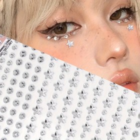 Resim Y2K Gümüş Beyaz 3D Sahte Taşlı Yıldız Çıkartmaları DIY Festival Parti Makyajı, Saç, Göz ve Yüz için - Dikdörtgen Şekil 