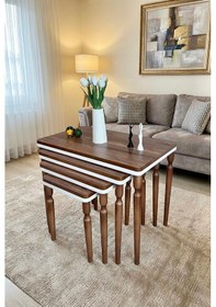 Resim 4lü Ceviz Beyaz Lüx Mdf Ahşap Zigon Sehpa Beyaz - Ceviz 