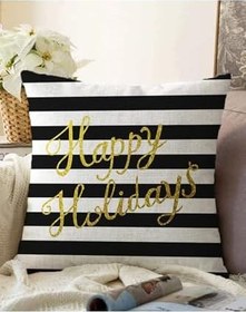 Resim RealHomes Çift Taraflı Beyaz Zeminli Siyah Çizgili Gold Yazılı Happy Holidays Yazılı Raşel Örme Yastık Kılıfı, Sonil-K7696-43x43cm 