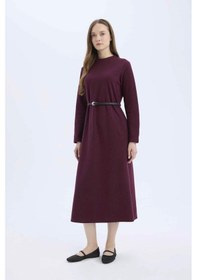 Resim DeFacto Regular Fit Bisiklet Yaka Uzun Kollu Kemerli Selanik Kumaş Maxi Tesettür Elbise E5790AX25SPBR459 