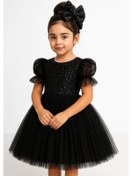 Resim Balon Kol Pul Payet Kız Çocuk Tütü Elbise M00751 Siyah 
