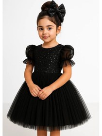 Resim Balon Kol Pul Payet Kız Çocuk Tütü Elbise M00751 Siyah 