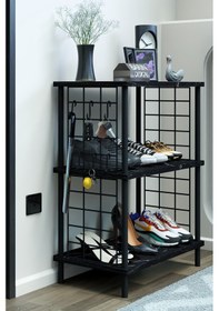 Resim 3 Raflı Metal Telli Çok Amaçlı Ayakkabılık Ve Organizer Raf Kolay Kurulumlu, Çevir-tak Sistem Raf Siyah Mermer 