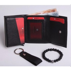 Resim Ozka Leather Collection Kişiye Özel Yeni Trend Otomatik Mekanizmalı Cüzdan - Anahtarlık Ve Bileklik Hediyeli Siyah 