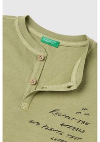 Resim United Colors Of Benetton Erkek Çocuk Haki Baskı Detaylı Düğmeli Yuvarlak Yaka T-shirt 6-14 Yaş -2852 