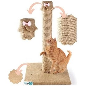 Resim Doğal Jüt Halatlı Kedi Tırmalama Direği, Pembe Papyon 
