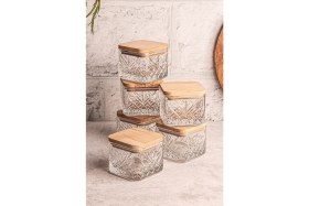 Resim 6'lı Ahşap Kapaklı Kare Cam Kahvaltılık, Çerezlik, Çok Amaçlı, 230 ml 