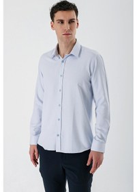 Resim İmza Koyu Mavi Uzun Kollu Desenli Armürlü Sert Yaka Cepsiz Pamuklu Slim Fit Dar Kesim Gömlek 1004235171-koyu Mavi Koyu Mavi 