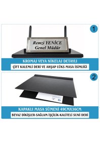 Resim Melen Lüks Siyah Ahşap-deri Sümen Takımı Masa İsimlikli 6 Parça 