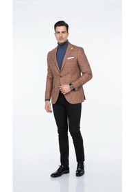 Resim Plus Scorpion Ekoseli Slim Fit Erkek Blazer Ceket Şık Modern Tasarım, Tek Düğmeli Kiremit 