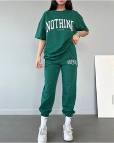 Resim CLAYES Nothing T-shirt Eşofman Altı Jogger- Yeşil Baskılı Alt Üst Eşofman Takım Oversize Bisiklet Yaka 