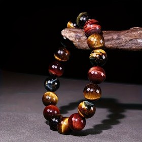 Resim 1 adet Doğal Üç Renkli Kaplan Gözü Siyah Akik Taş Bilezik, Erkekler için Zenginlik Transferi Boncuk Bilezik, Doğum Günü Hediyesi 