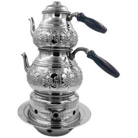 Resim Bakır Çiçekli Nikel Osmanlı Ocaklı Büyük Çaydanlık Metalik 