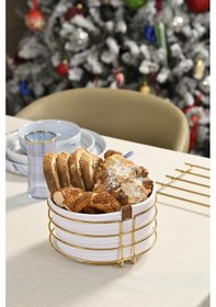 Resim Altın Yuvarlak Ekmek Sepeti Şık,ekmeklik Beyaz Hasır Örmeli Makrome-çok Amaçlı Metal Paslanmaz Altın 