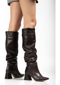 Resim Syt-2002 Kahve Körüklü Kalın Topuklu Günlük Bayan Çizme Açık Bej - Kahverengi 