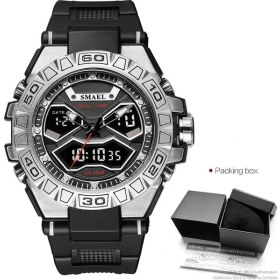 Resim Hanyang Gümüş Kara Kutu Smael Çift Zaman Göstergeli Dijital Saatler Erkekler Için Su Geçirmez Kronograf Kuvars Spor Saat Otomatik Tarih Çalar Saat Kol Saati (Yurt Dışından) 
