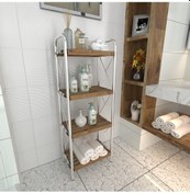 Resim Sahra Krom 4 Katlı Ahşap Raf Banyo Köşe Rafı Düzenleyici Organize Krom 