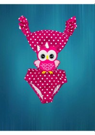 Resim Lolliboomkids Mayokini Sevimli Baykuş Temalı Koyu Pembe Kol Fırfırlı Son Sezon Kostüm Mayo Pembe 