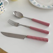 Resim Paslanmaz Çelik Salata Çatal ve Kaşık Seti, Elegant Yemek Aksesuarları, Kırmızı ve Beyaz Gingham Seramik Saplı, Tatlı ve Salata Servis Kombosu 