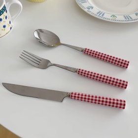 Resim Paslanmaz Çelik Salata Çatal ve Kaşık Seti, Elegant Yemek Aksesuarları, Kırmızı ve Beyaz Gingham Seramik Saplı, Tatlı ve Salata Servis Kombosu 