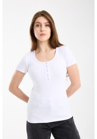 Resim Hdm Kadın Esnek Fitilli Yakası Çıtçıtlı Beyaz Kısa Kol Basic Örme Bluz - H5993-55 Beyaz 