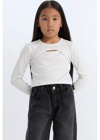 Resim DeFacto Kız Çocuk Slim Fit Dar Kesim Bisiklet Yaka Parlak Kumaş Fitilli Kaşkorse Uzun Kollu Tişört D5419A824WNER118 Ekru 