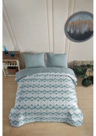 Resim Tek Kişilik Desenli Kapitone Çift Taraflı Renkli Pike Yatak Örtüsü Takımı 160x230 Cm Çarşafsız Yeşil 