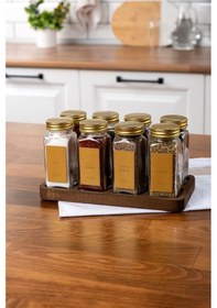 Resim Mienda Home 8'li Ahşap Standlı Cam Baharatlık Seti Gold Kapaklı Etiketli Baharatlık Takımı Gold - Şeffaf 