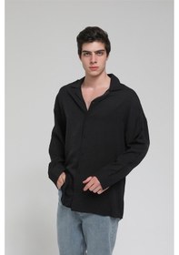 Resim R-3575 Apaş Yaka Uzun Kollu Aerobin Kumaş Oversize Gömlek - SİYAH Siyah 