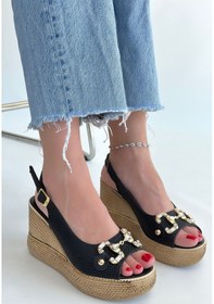 Resim Kadın Siyah Hasır Desenli Dolgu Topuk Sandalet - Caver Çok Renkli 