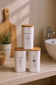 Resim Luvo Beyaz - 3'lü Kare Ahşap Vakum Kapaklı Banyo Düzenleyici Plastik Banyo Seti Etiketli Organizer Beyaz 