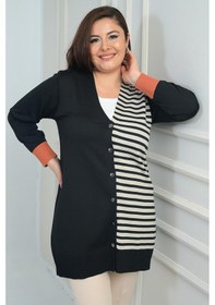 Resim Kadıntek Tarafı Enine Çizgili Büyük Beden Uzun Hırka-41829 Siyah-kiremit 