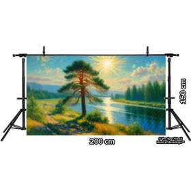 Resim Venspor Güneşli Gün Manzarası: Nehir Kenarında Ağaç Arkaplan - 200x150cm Fon Duvar Örtüsü 