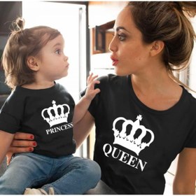 Resim KİDS FACE ÖZEL TASARIM BİSİKLET YAKA PRİNCESS QUEEN BASKILI %100 PAMUK ANNE-BEBEK KOMBİNİ T-SHIRT 