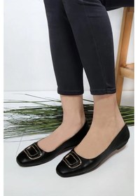 Resim Kadın Şık Tokalı Rahat Taban Deri Cilt Babet Ayakkabı Siyah 