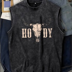 Resim Erkekler için Vintage Kolsuz Yelek - Koyu Gri/Siyah Yıkanmış Görünüm ve HOODIE Boğa Grafikli - Sokak Giyimi, Konserler & Festivaller İçin Hafif Tank Top - Makinede Yıkanabilir Bol Kesim Yazlık Giysi 